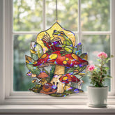 Frog Reading Acrylic Suncatcher, Stained Glass Style Mushroom Snail Forest Window Hanging, Whimsical Cottagecore Nature Lover Gift Decor